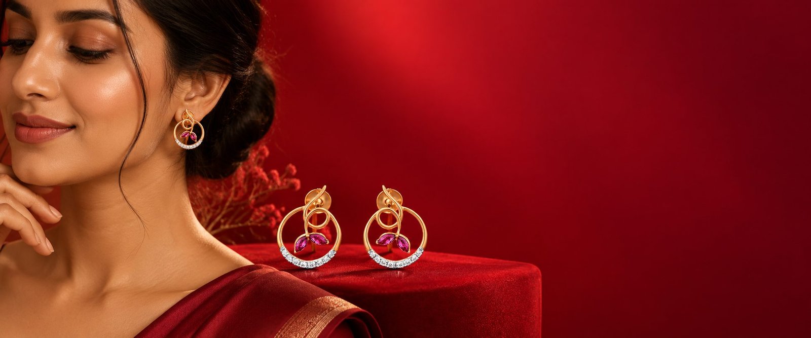 Gold diamond and ruby earrings worn with a red saree