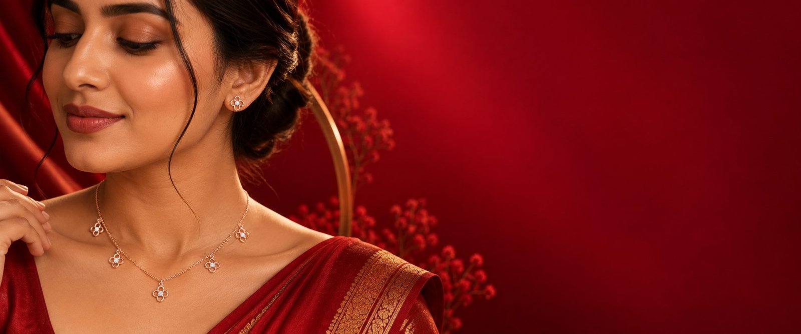 Rose gold diamond flower necklace and studs with a red saree