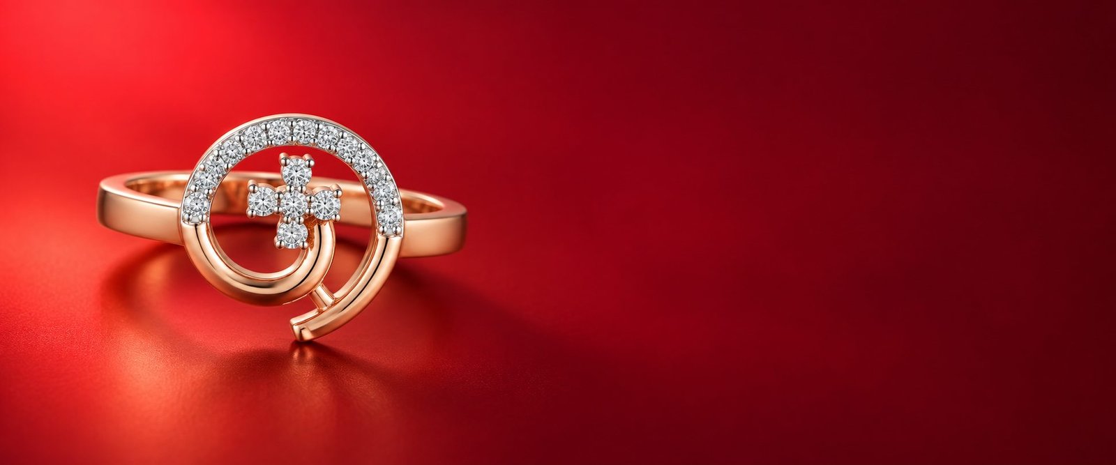 Rose gold diamond ring on a red backdrop